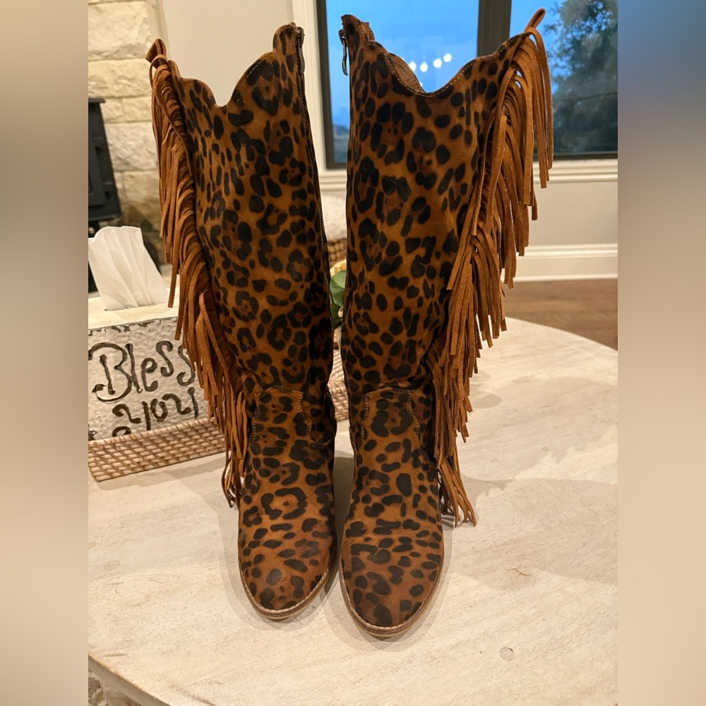Leopard Print Fringe Boots